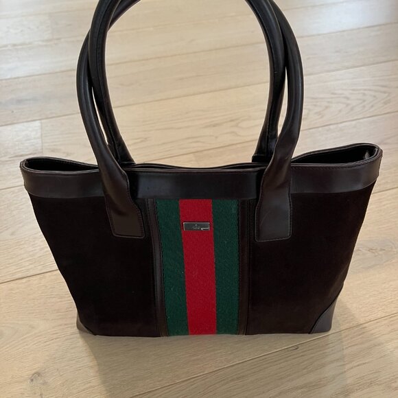 Vintage Classic Gucci Tote Chocolate Brown Suede Striped Web Accent - Picture 2 of 7